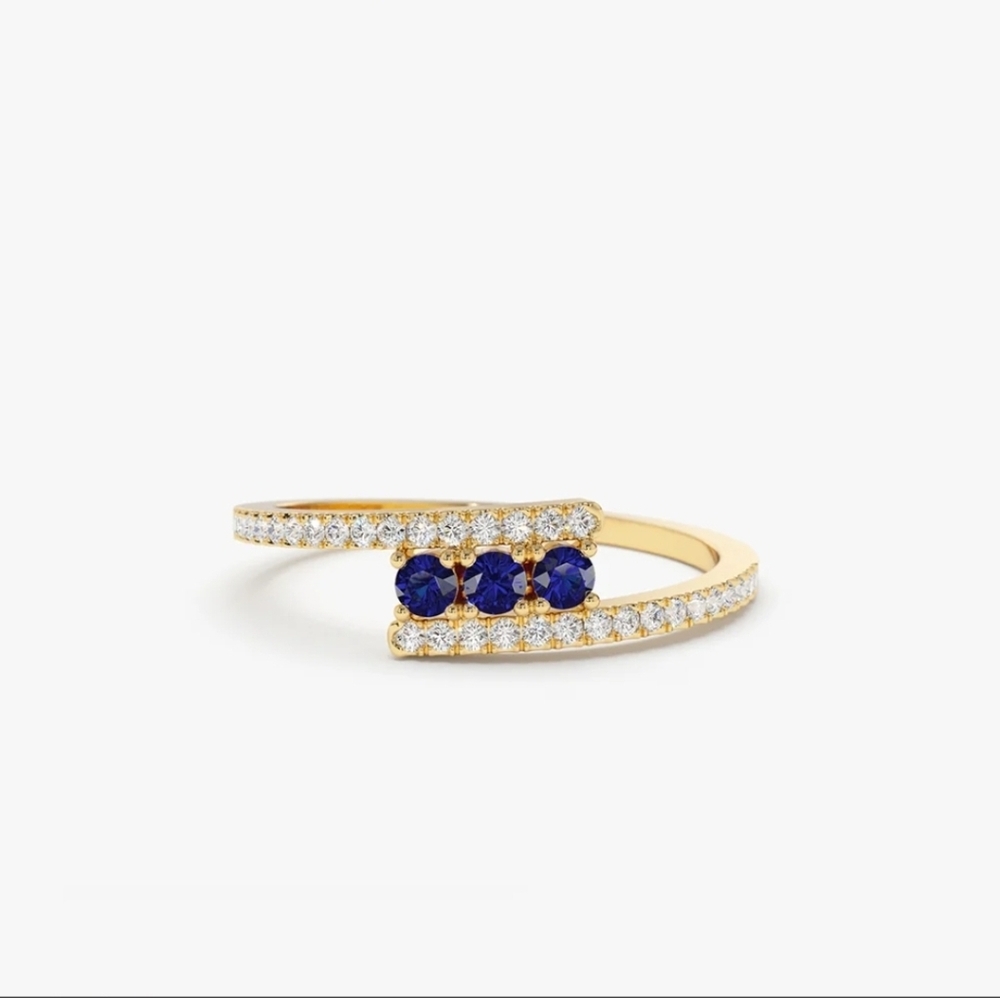 Ferkos 14k Cross Over Diamond Ring with Round Blue Sapphires
